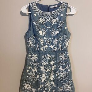 Alice + Olivia Denim Blue Dress with White Embroidery